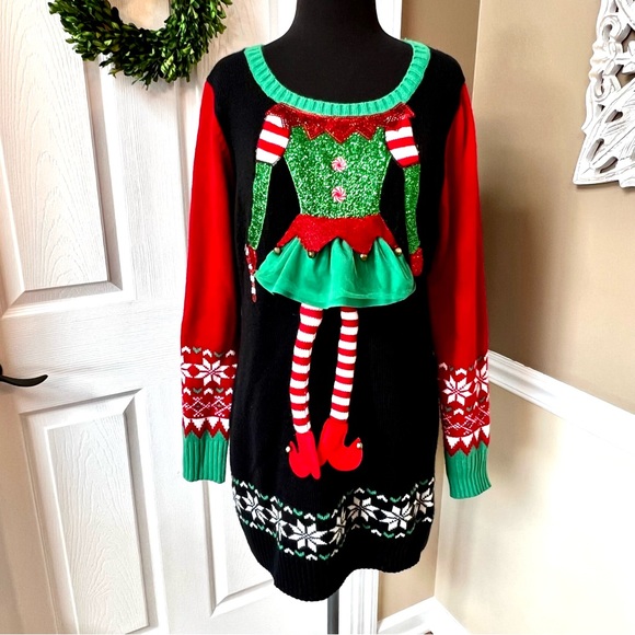 ⭐️ Ugly Christmas Sweater Tunic Girl Elf w/ Tutu and Long Legs Size LARGE - Picture 6 of 15